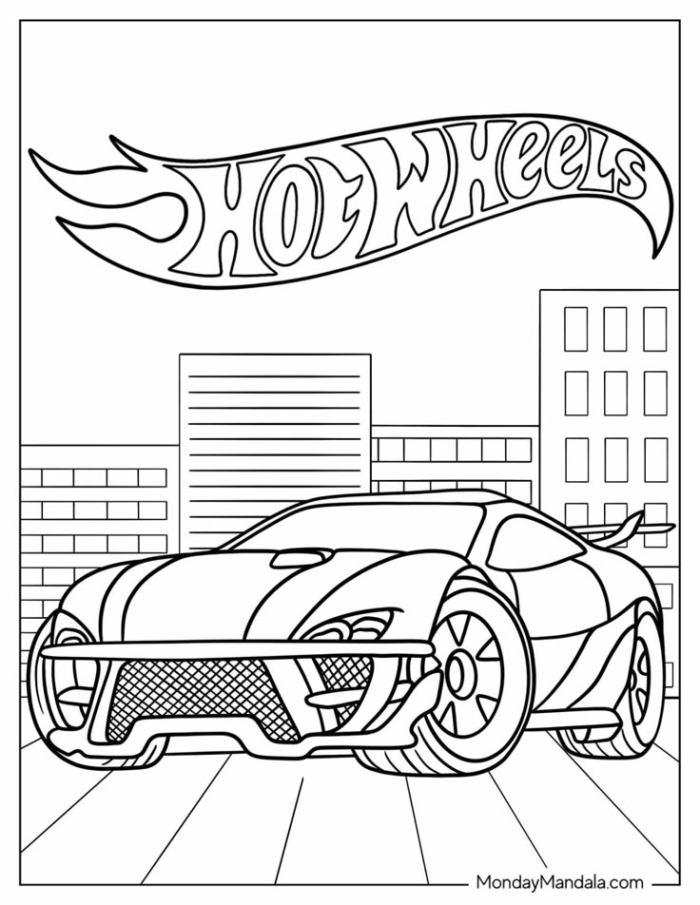 A coloring page featuring a sports car in the background A coloring page featuring a sports car in the background
