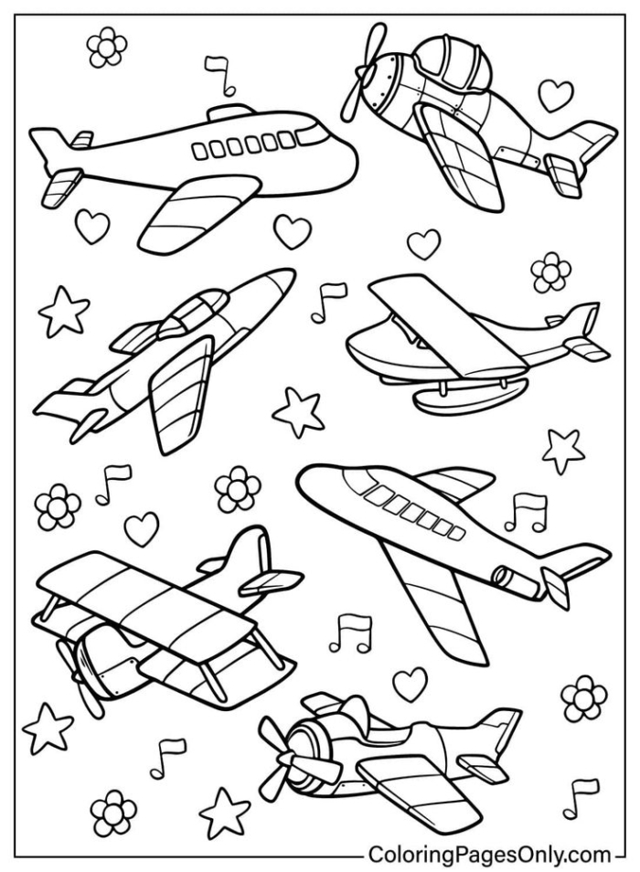 A coloring page featuring various airplanes and musical notes in the bottom right corner A coloring page featuring various airplanes and musical notes in the bottom right corner