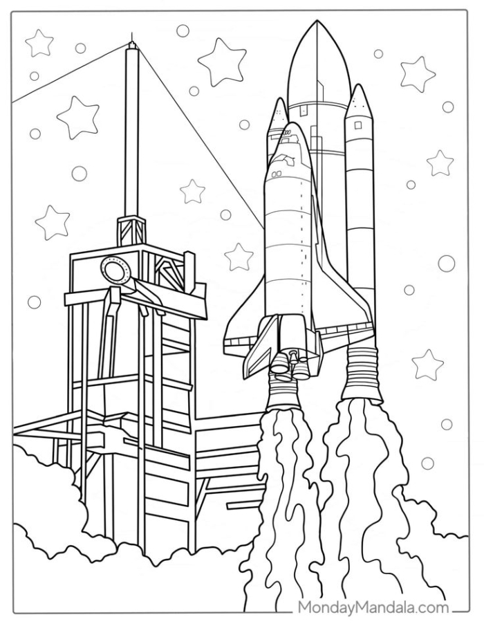 A coloring page of a space shuttle flying among stars and clouds in the sky A coloring page of a space shuttle flying among stars and clouds in the sky