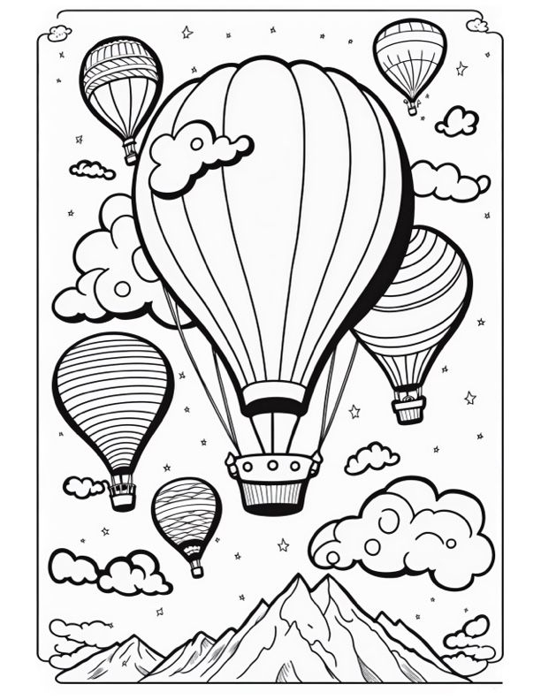 A coloring page of hot air balloons in the sky