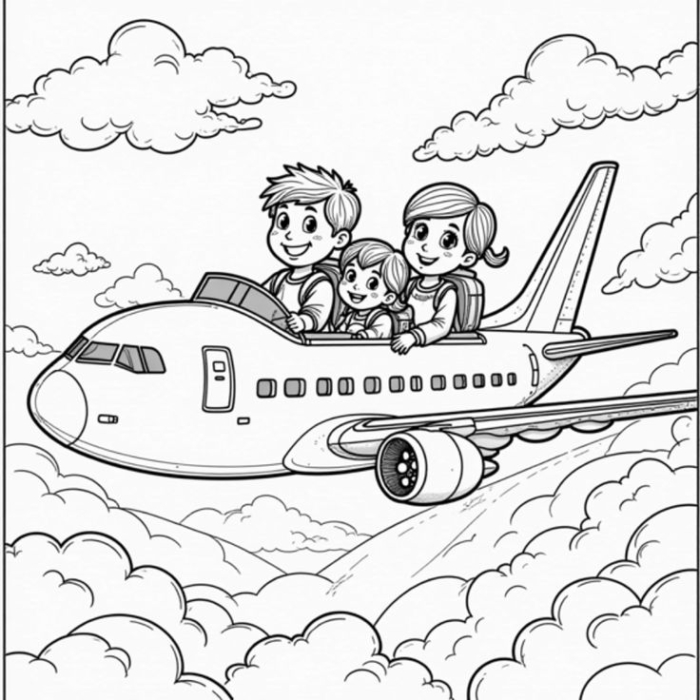 A family on an airplane coloring page, fun and easy activity for kids to enjoy. A family on an airplane coloring page, fun and easy activity for kids to enjoy.