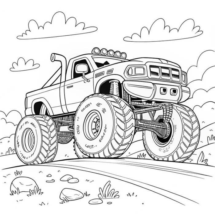 A monster truck driving on the road with big wheels A monster truck driving on the road with big wheels