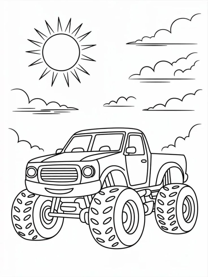 A monster truck flying through the sky for coloring A monster truck flying through the sky for coloring