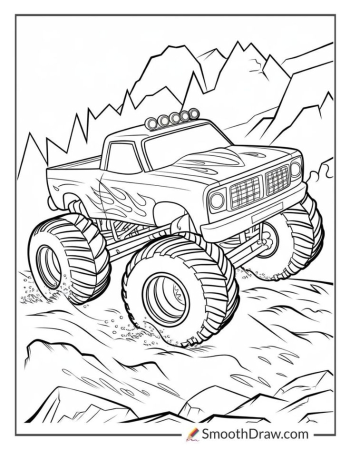 A monster truck jumping over rocks in the mountains for coloring A monster truck jumping over rocks in the mountains for coloring