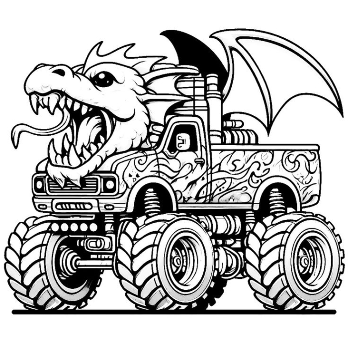 A monster truck with an angry dragon on the front for coloring A monster truck with an angry dragon on the front for coloring
