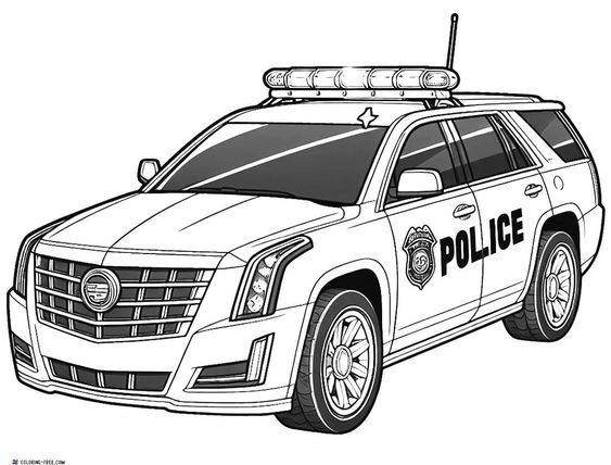 A police car coloring page with the word police on its roof and lights A police car coloring page with the word police on its roof and lights