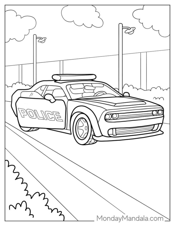 A police car driving down the road for kids to color A police car driving down the road for kids to color