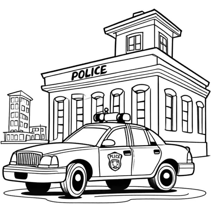 A police car parked in front of a building with a clock tower A police car parked in front of a building with a clock tower