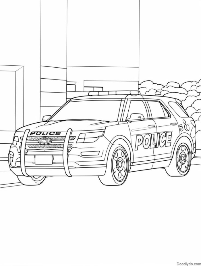 A police car parked in front of a building