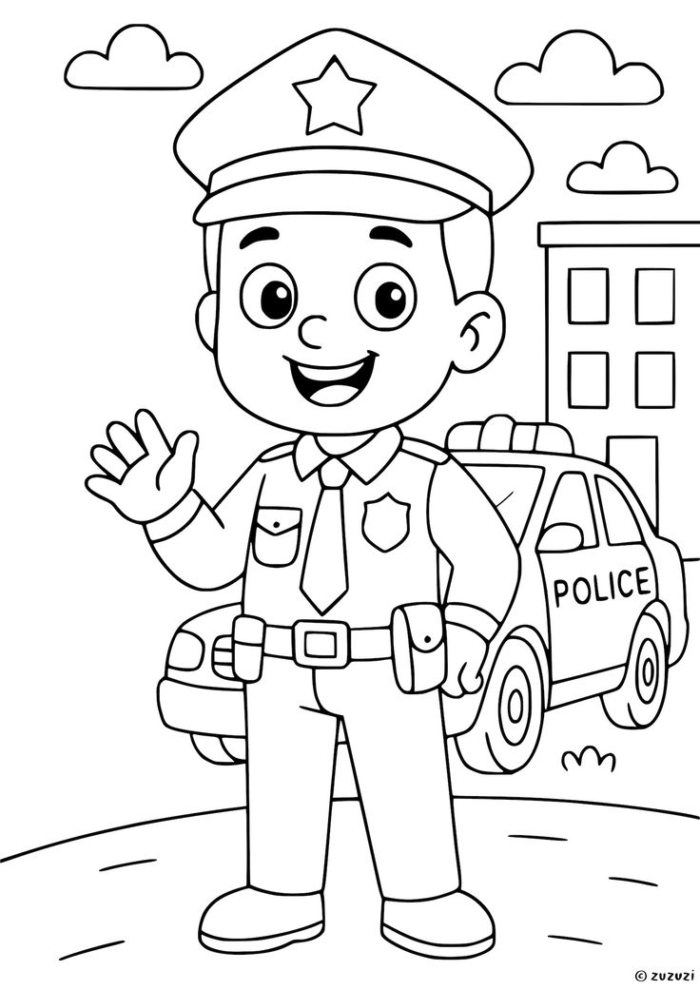 A police officer standing in front of his patrol car coloring page for kids and adults A police officer standing in front of his patrol car coloring page for kids and adults