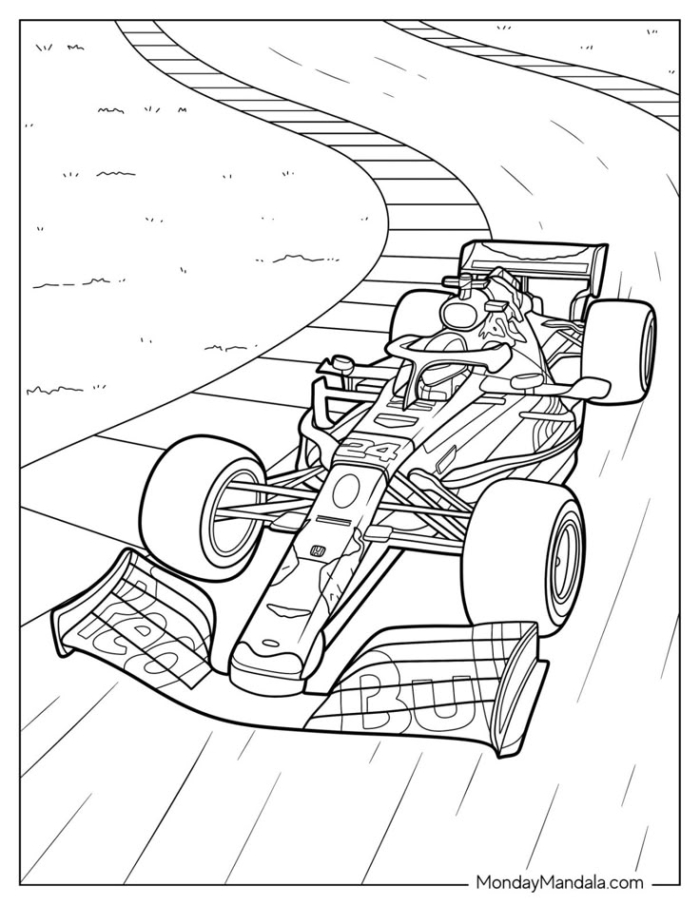 A race car speeding along the track for coloring A race car speeding along the track for coloring