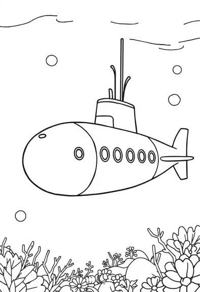 A submarine among colorful corals and seaweed on a coloring page for kids