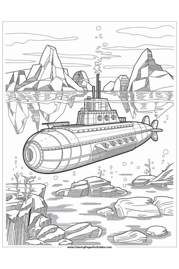 A submarine exploring icy arctic waters near glaciers