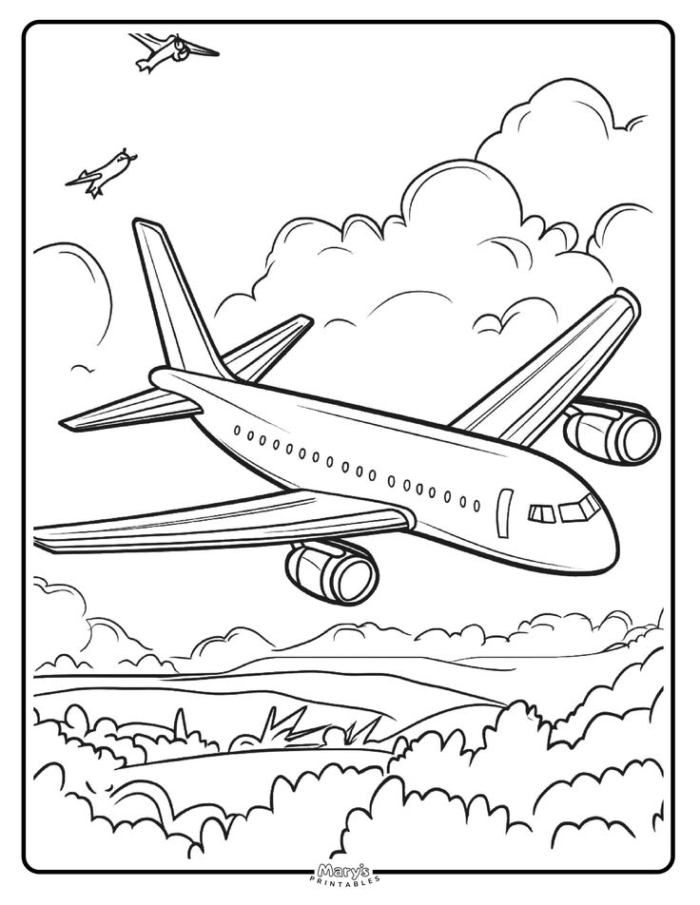 Airplane flying among clouds and birds, coloring page illustration