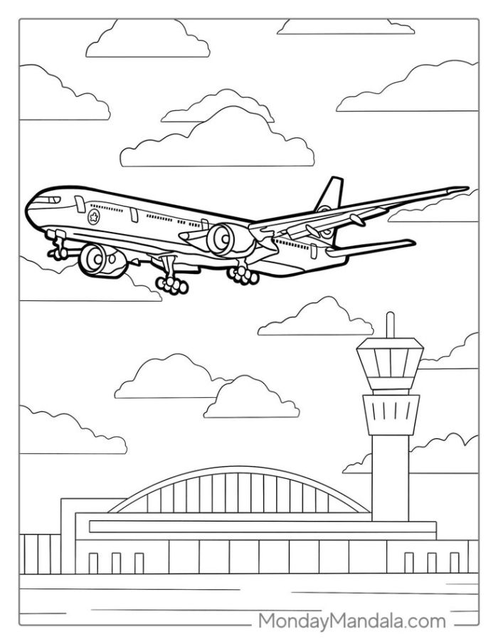 Airplane flying over the airport coloring page Airplane flying over the airport coloring page