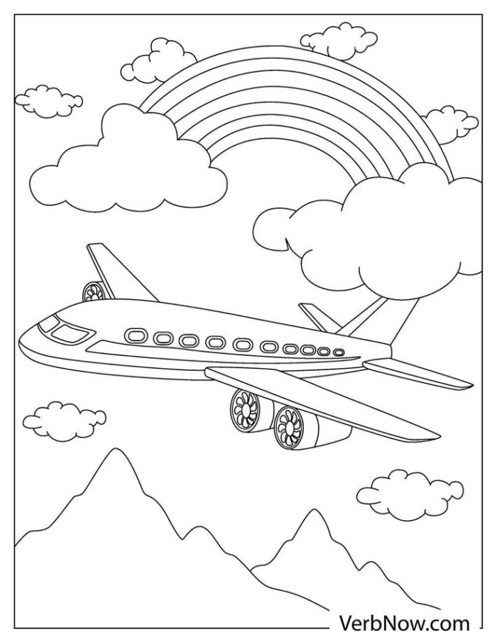 Airplane flying with a rainbow and clouds coloring page for kids Airplane flying with a rainbow and clouds coloring page for kids