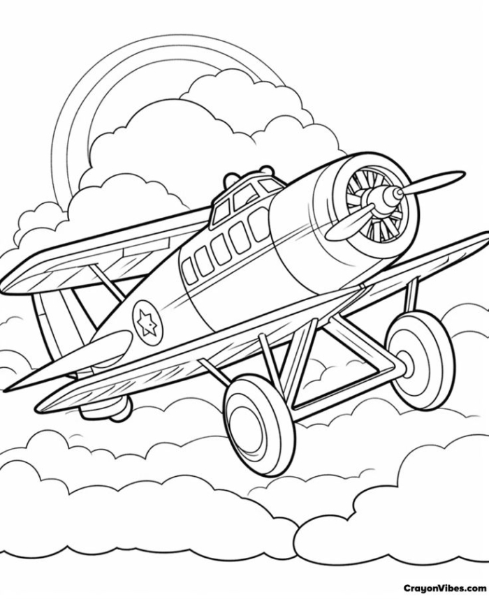 An airplane flying through the sky with clouds and a rainbow in the background. An airplane flying through the sky with clouds and a rainbow in the background.