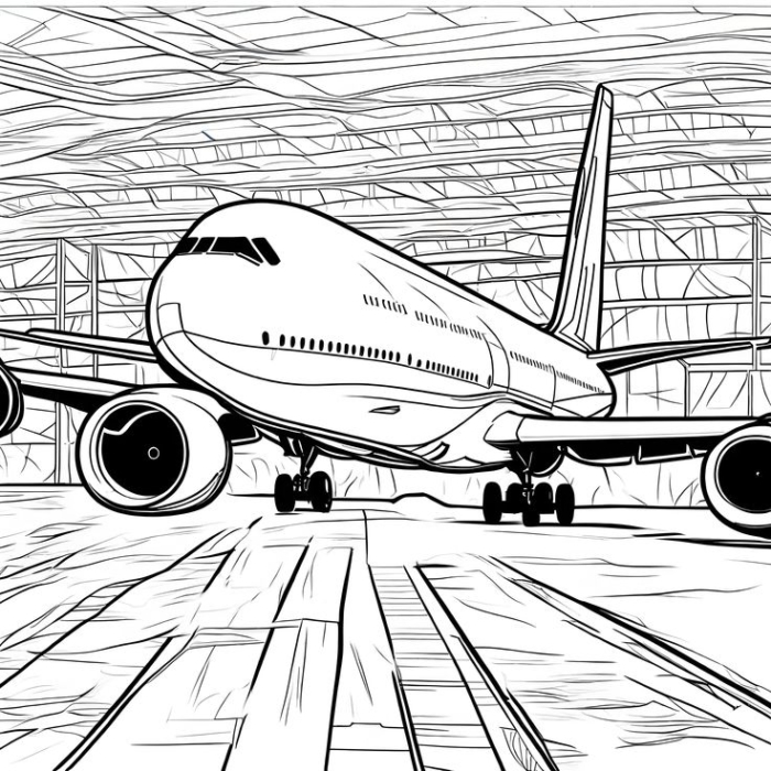 An airplane on the runway in front of hangars, black and white line drawing An airplane on the runway in front of hangars, black and white line drawing