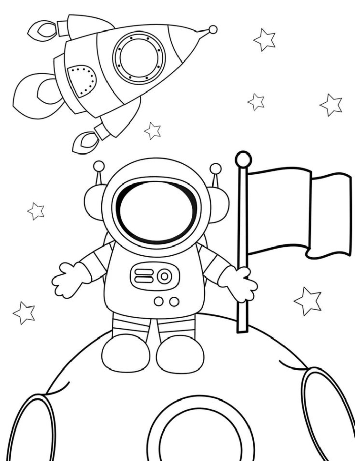 An astronaut holding a flag on top of the earth for coloring page An astronaut holding a flag on top of the earth for coloring page