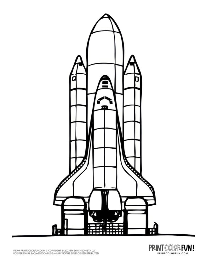 Black and white coloring page of a space shuttle with the words print, color, fun on it