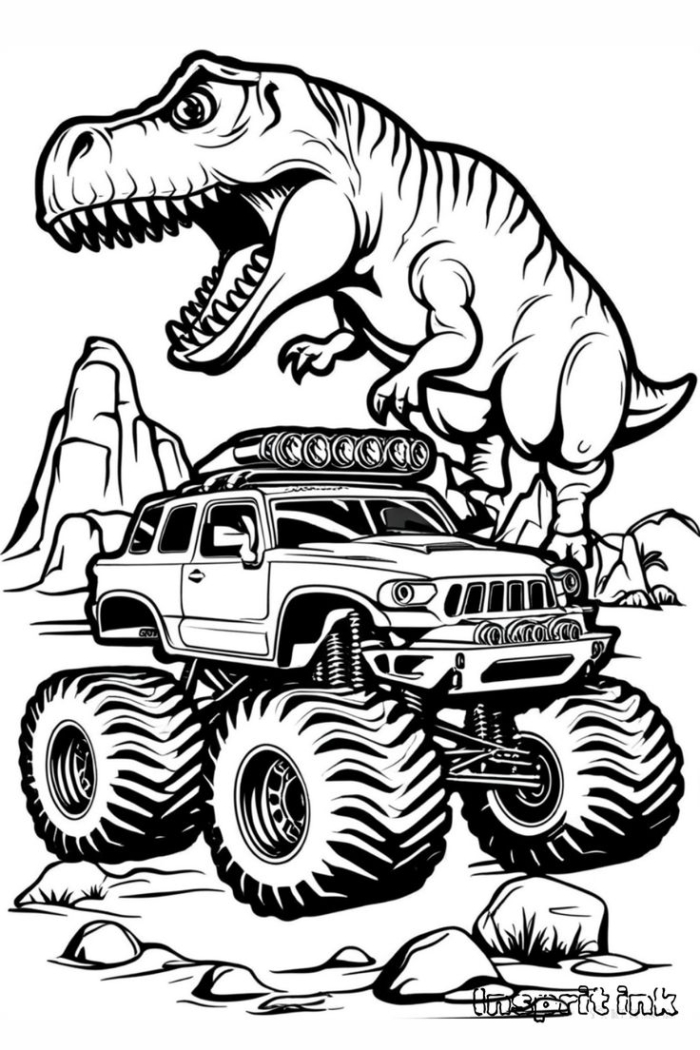 Black and white drawing of a dinosaur on four wheelers for coloring Black and white drawing of a dinosaur on four wheelers for coloring
