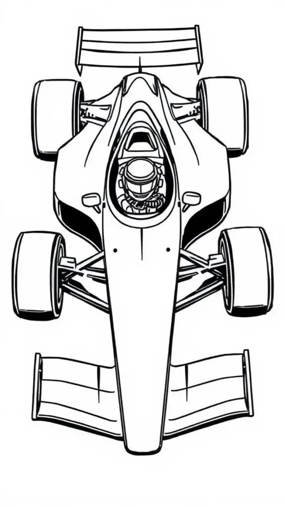 Black and white drawing of a race car from above, front wheel facing forward