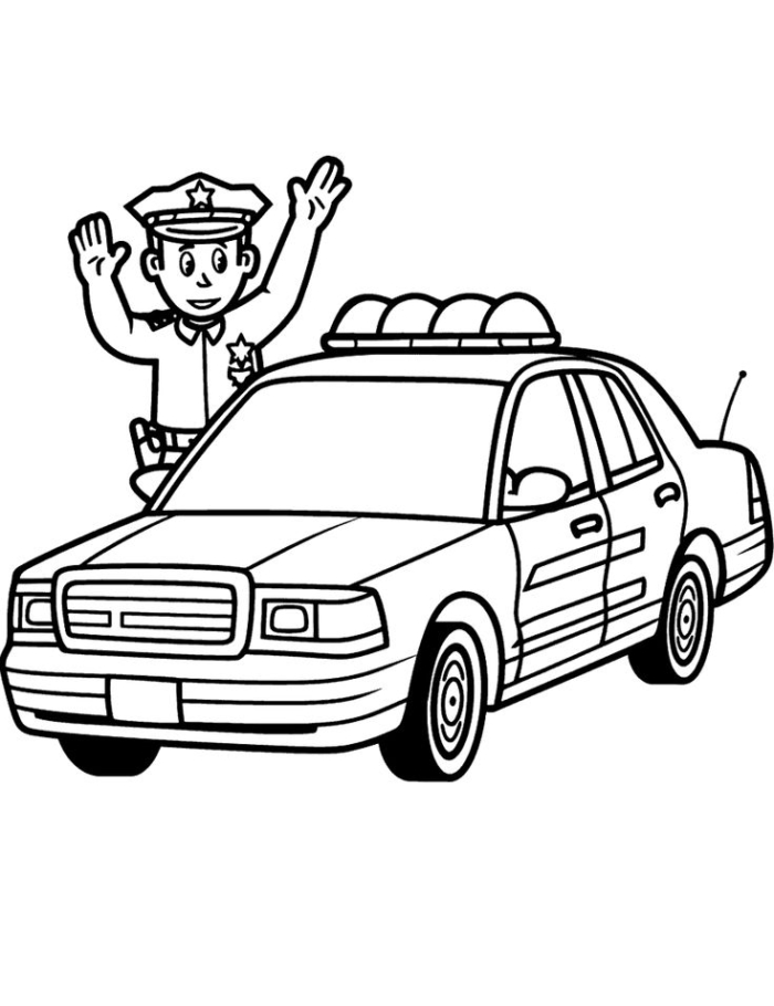 Black and white outline of a police car with a man waving next to it Black and white outline of a police car with a man waving next to it