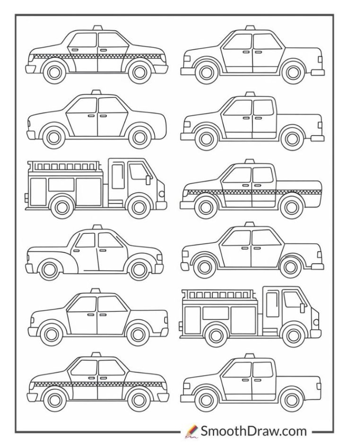 Coloring page featuring various cars Coloring page featuring various cars