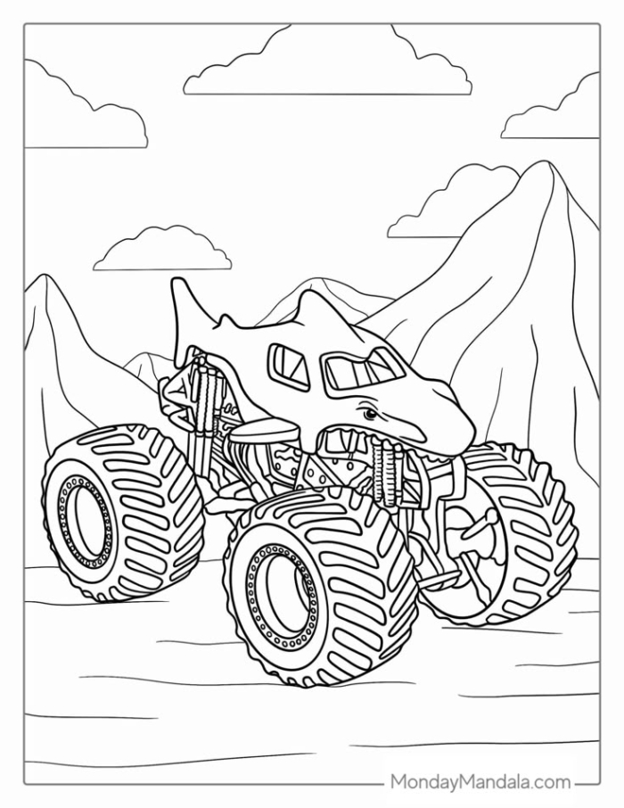 Monster truck driving down the hill coloring page for kids to color and print Monster truck driving down the hill coloring page for kids to color and print
