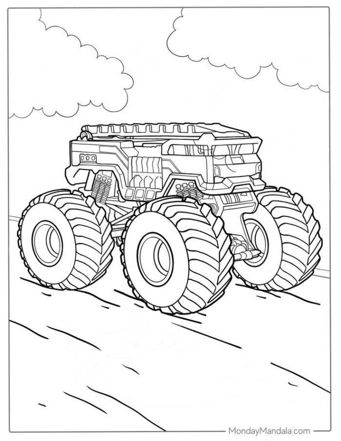 Monster truck driving down the hill coloring page Monster truck driving down the hill coloring page