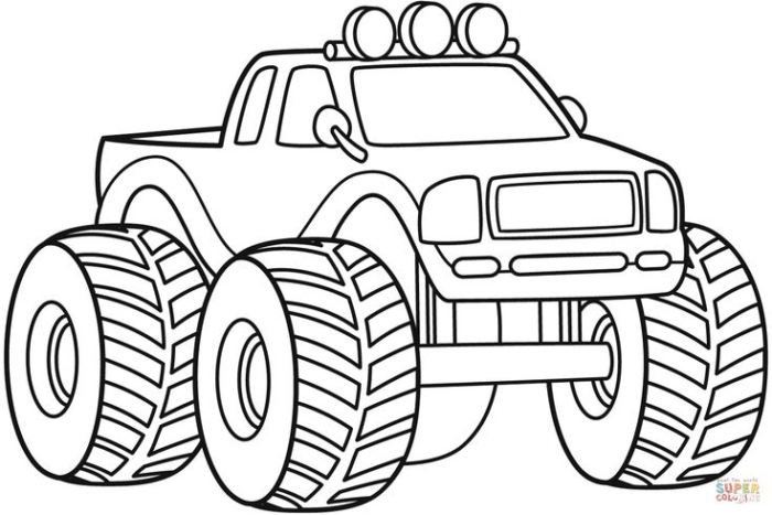 Monster truck with big wheels coloring page for kids to print and color Monster truck with big wheels coloring page for kids to print and color