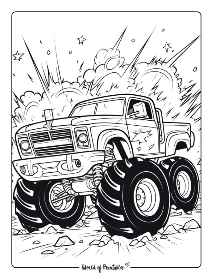 Monster truck with big wheels driving through the desert for coloring pages for kids and adults Monster truck with big wheels driving through the desert for coloring pages for kids and adults