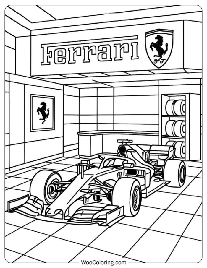 Race car in a garage with ferrari logo coloring page Race car in a garage with ferrari logo coloring page