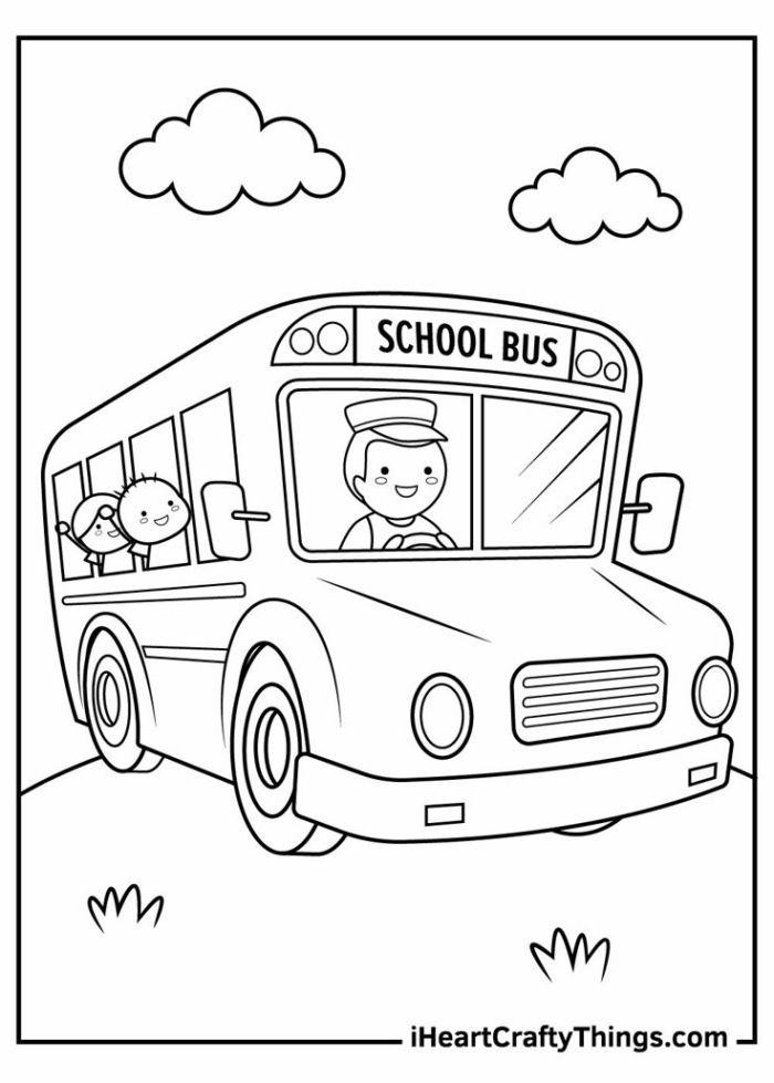 School bus coloring page with the words "school bus" and a man image