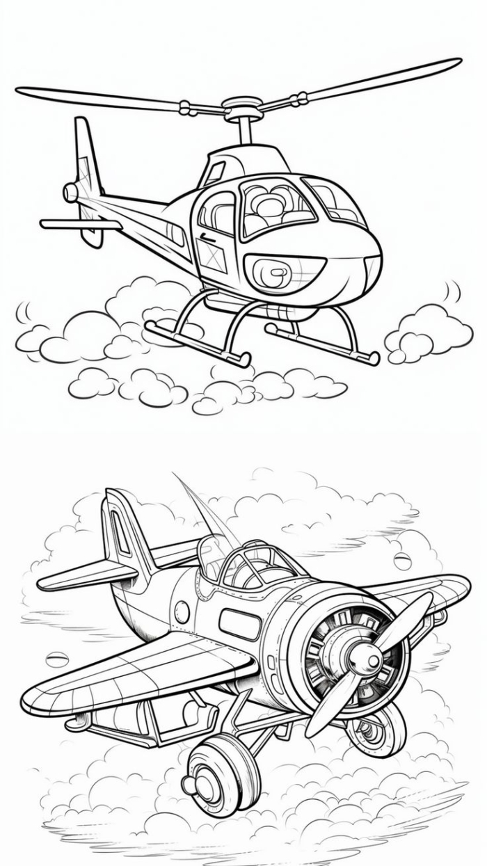 Two airplanes flying in the sky with clouds behind, one in black and white Two airplanes flying in the sky with clouds behind, one in black and white