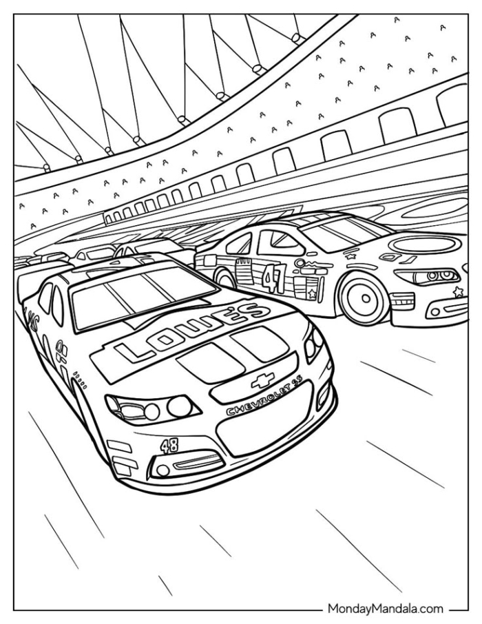 Two cars speeding in a race coloring page Two cars speeding in a race coloring page