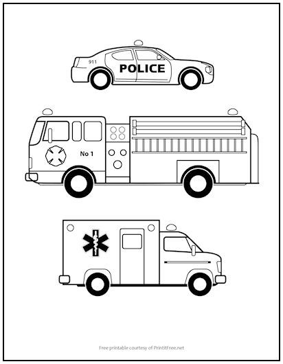 Two fire trucks with the words police and ambulance in black ink on a white background for coloring Two fire trucks with the words police and ambulance in black ink on a white background for coloring